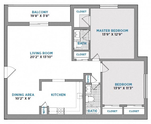 Floor plan for 1 bed, 1.5 baths, 1100 sqft